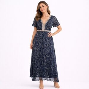 FLYCURVY Elegant Lace Dress Blue 2XL